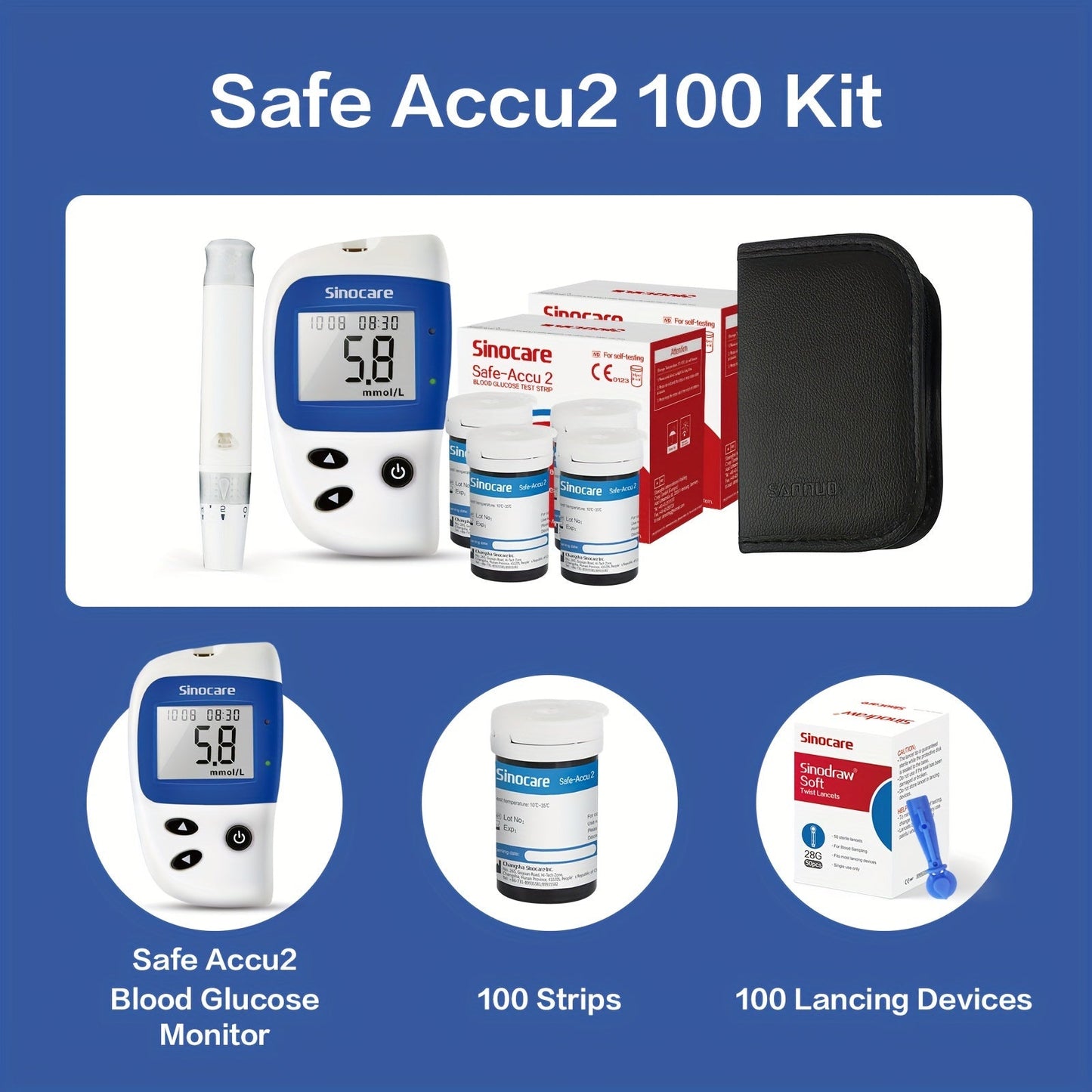 Sinocare Safe-Accu2 Blood Sugar Monitor Kit - 100 Test Strips, Case & 200 Memory (mmol/L) JUST FIT IN