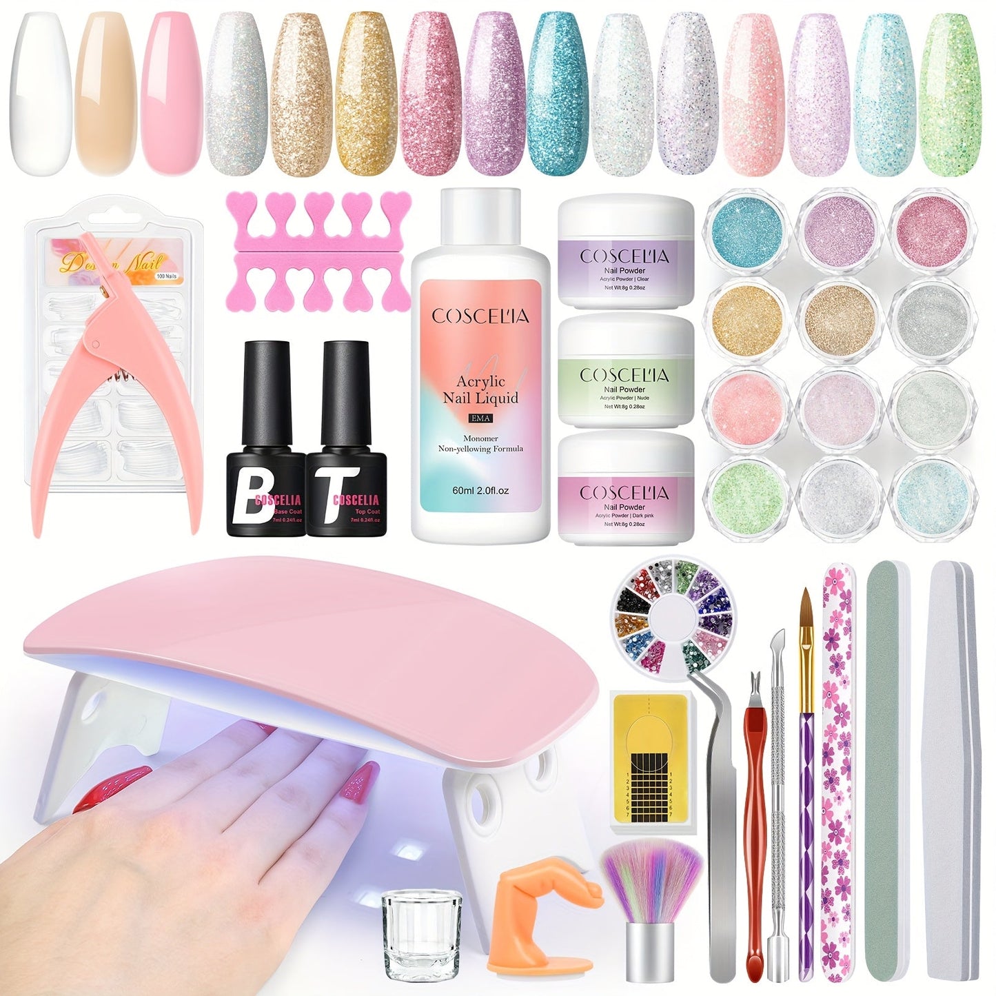 COSCELIA Acrylic Nail Kit - Complete Set with Powder, Liquid & LED Lamp JUST FIT IN