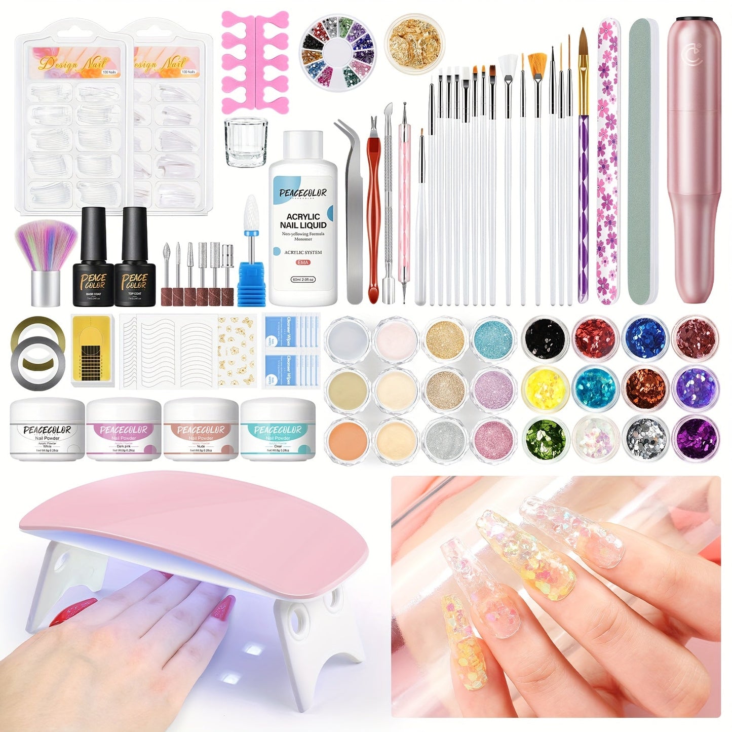 Peacecolor Complete DIY Acrylic Nail Kit - UV Lamp, 100+ Tips, Gel Polish & Art Stickers JUST FIT IN