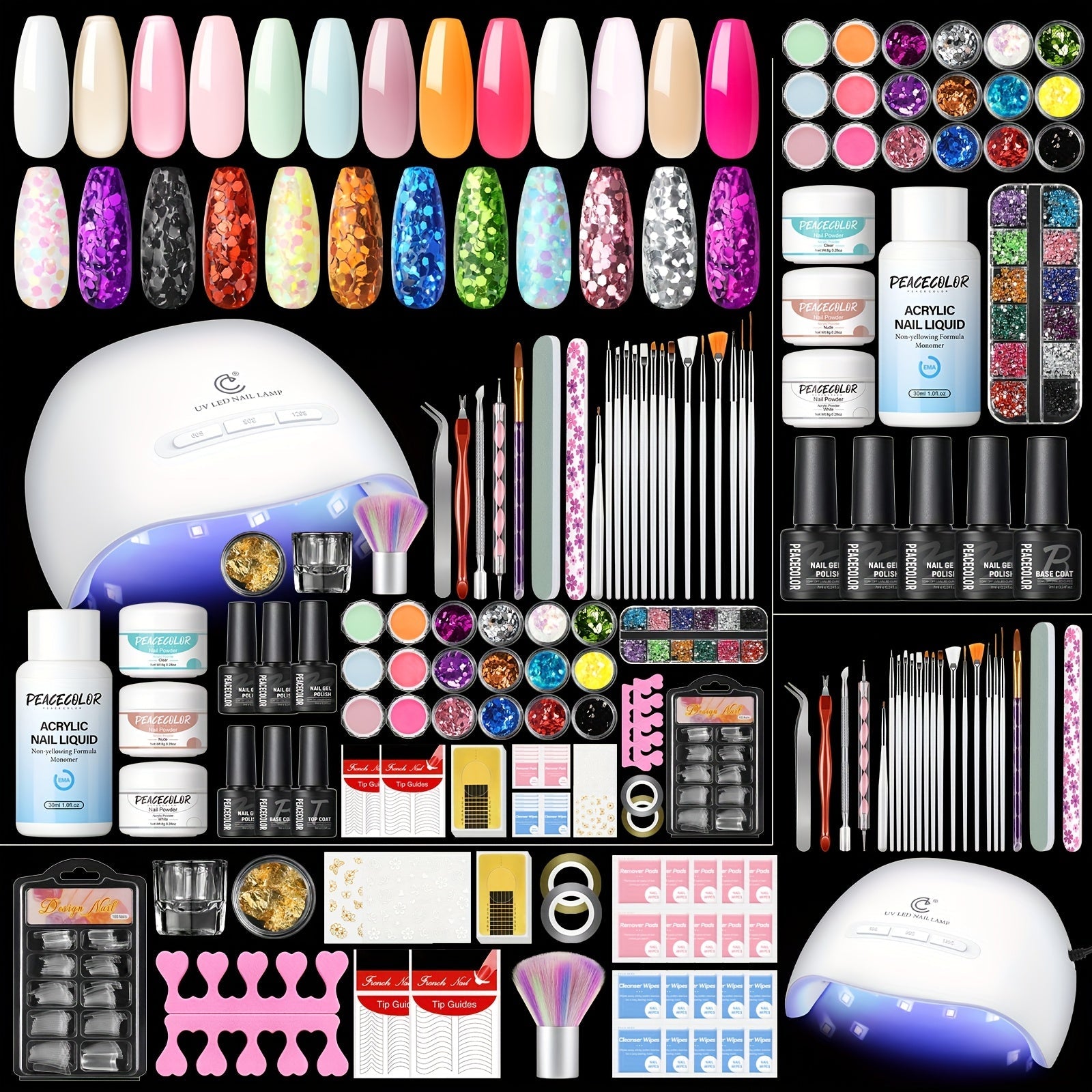 Peacecolor Complete DIY Acrylic Nail Kit - UV Lamp, 100+ Tips, Gel Polish & Art Stickers JUST FIT IN