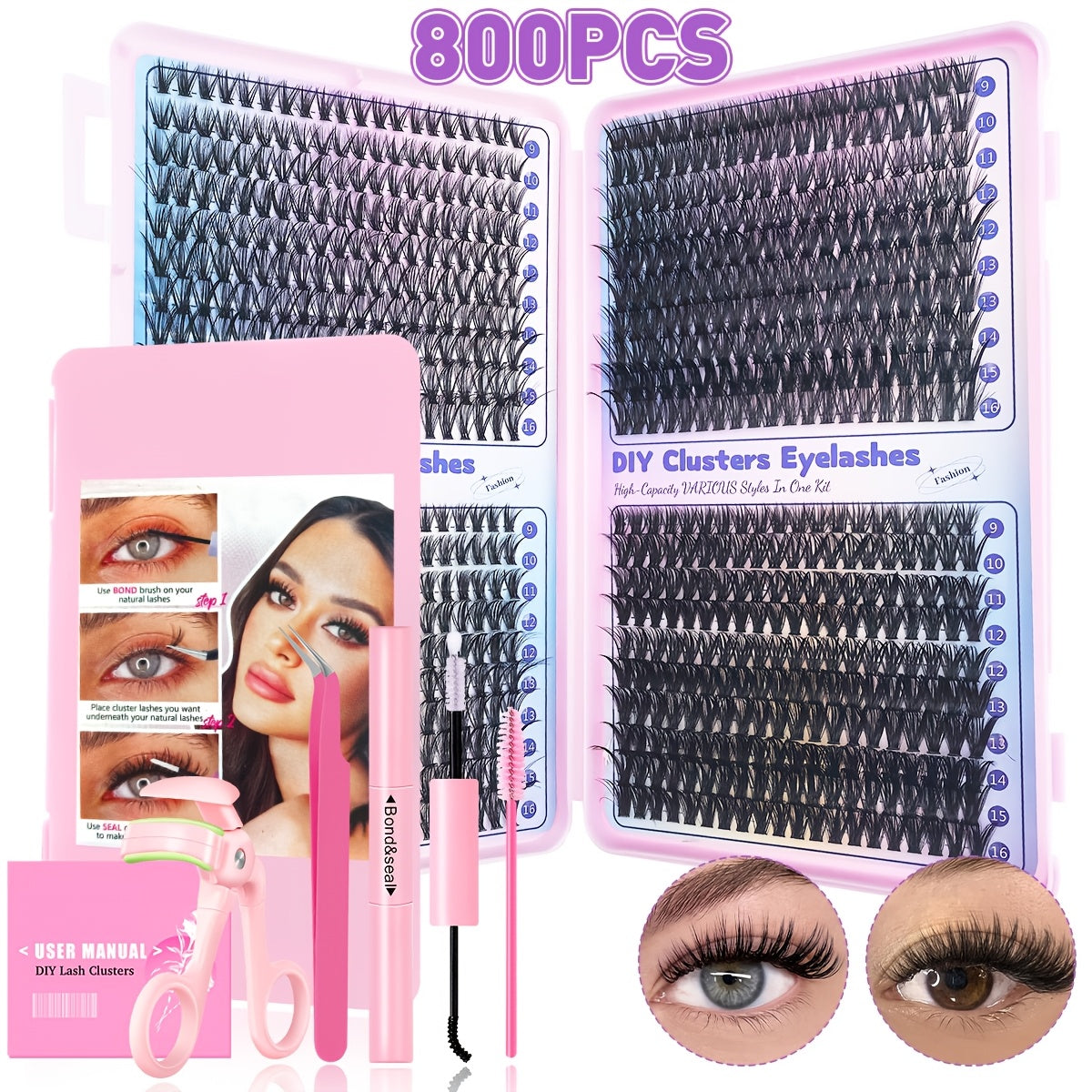 Eyelash Extensions Kit - 200/800pcs with Glue, Tweezers, Brush & Curler JUST FIT IN
