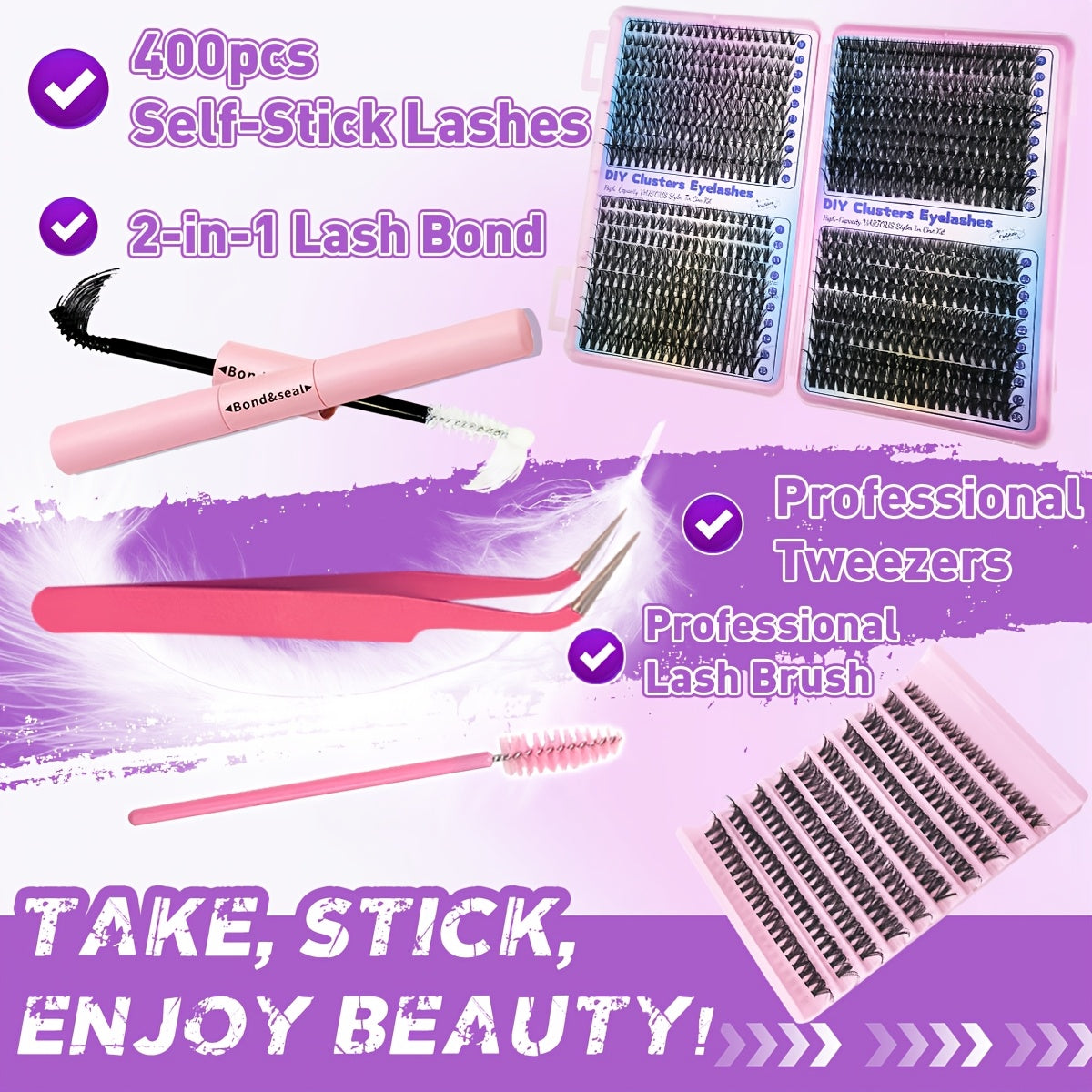 Eyelash Extensions Kit - 200/800pcs with Glue, Tweezers, Brush & Curler JUST FIT IN