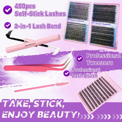 Eyelash Extensions Kit - 200/800pcs with Glue, Tweezers, Brush & Curler JUST FIT IN