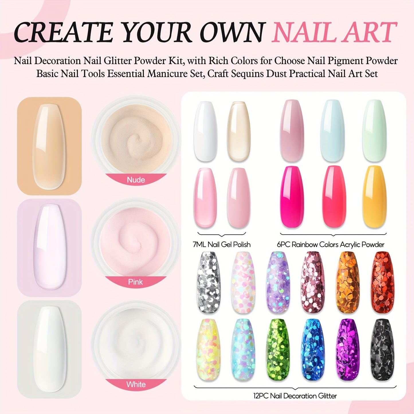 Peacecolor Complete DIY Acrylic Nail Kit - UV Lamp, 100+ Tips, Gel Polish & Art Stickers JUST FIT IN