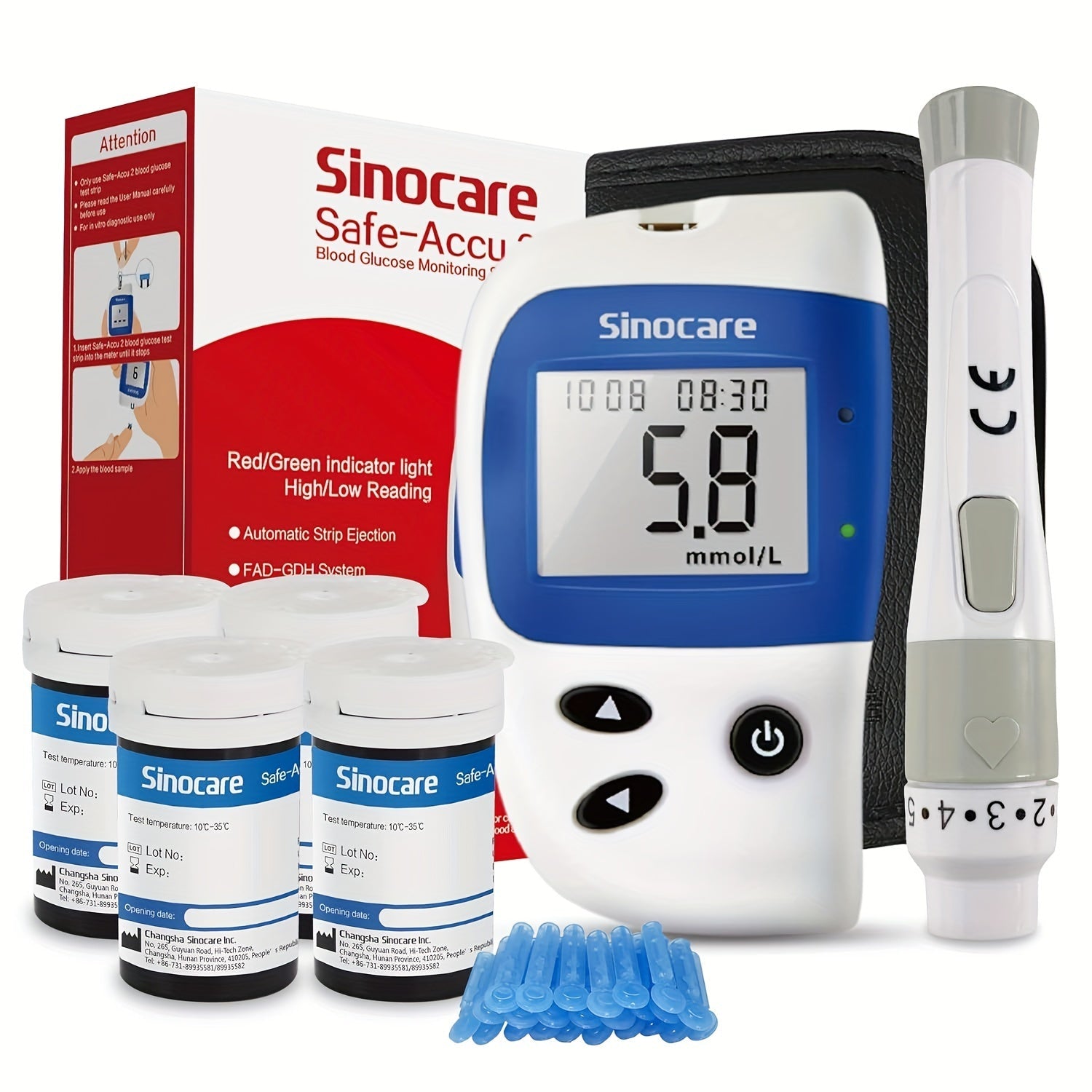 Sinocare Safe-Accu2 Blood Sugar Monitor Kit - 100 Test Strips, Case & 200 Memory (mmol/L) JUST FIT IN