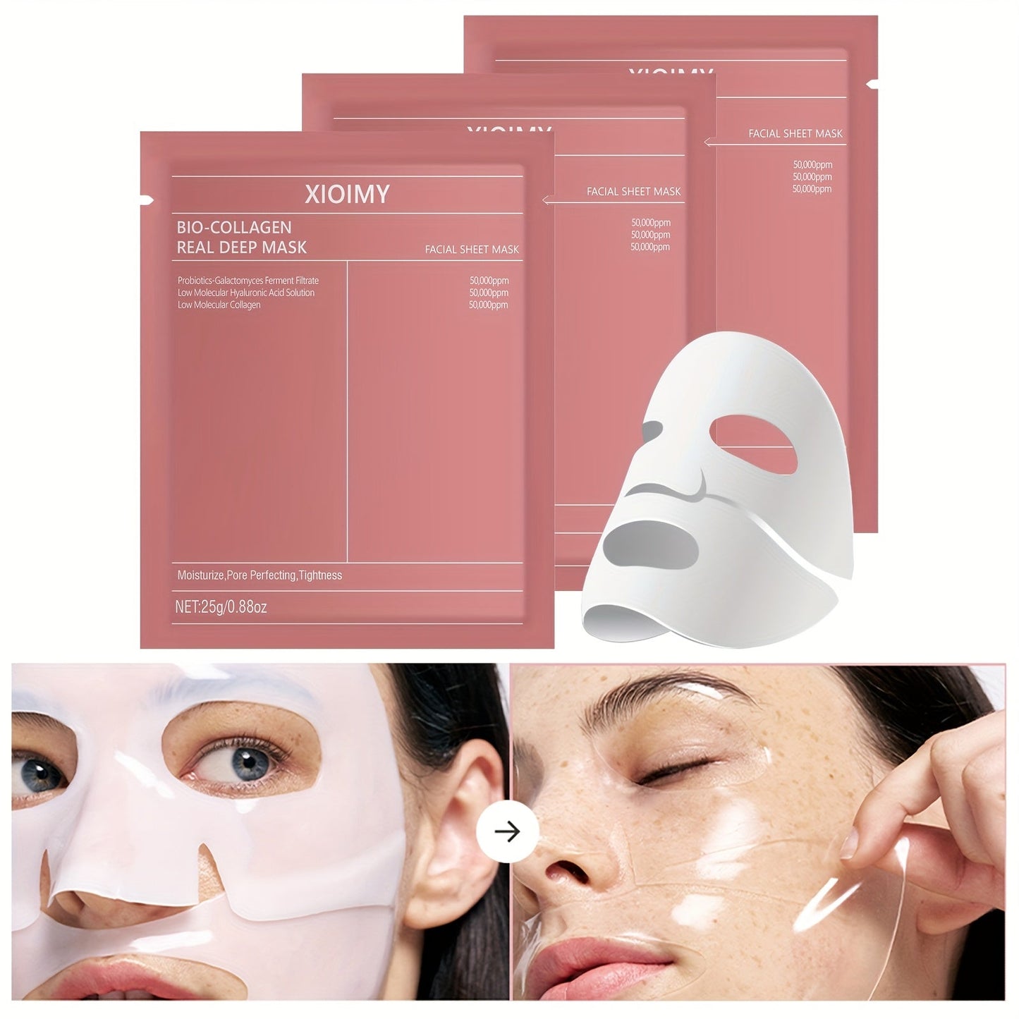 1pc/2pcs/3pcs Collagen Brightening Facial Mask; Deep Moisturizing, Hydrating, Firming Facial Light Beige, Keeping Light Beige Moist And Smooth, Gentle And Non Irritating, Containing Collagen And Hyaluronic Acid JUST FIT IN