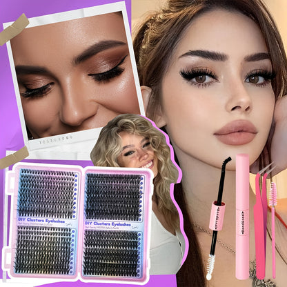 Eyelash Extensions Kit - 200/800pcs with Glue, Tweezers, Brush & Curler JUST FIT IN