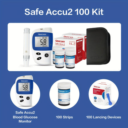 Sinocare Safe-Accu2 Blood Sugar Monitor Kit - 100 Test Strips, Case & 200 Memory (mmol/L) JUST FIT IN
