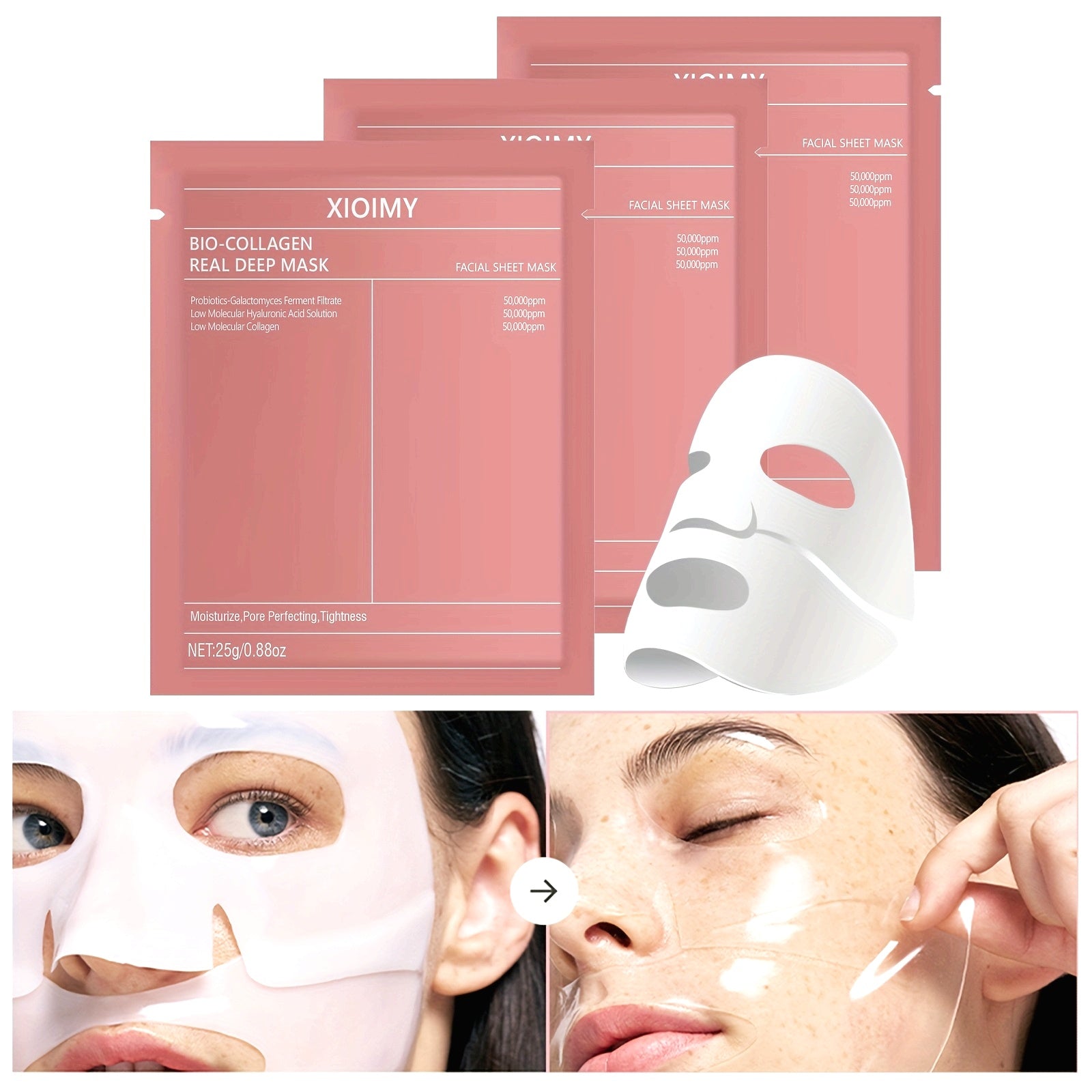 1pc/2pcs/3pcs Collagen Brightening Facial Mask; Deep Moisturizing, Hydrating, Firming Facial Light Beige, Keeping Light Beige Moist And Smooth, Gentle And Non Irritating, Containing Collagen And Hyaluronic Acid JUST FIT IN