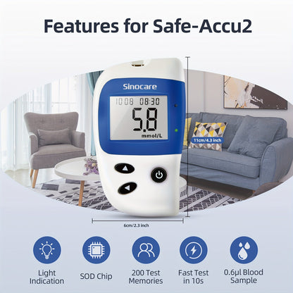 Sinocare Safe-Accu2 Blood Sugar Monitor Kit - 100 Test Strips, Case & 200 Memory (mmol/L) JUST FIT IN