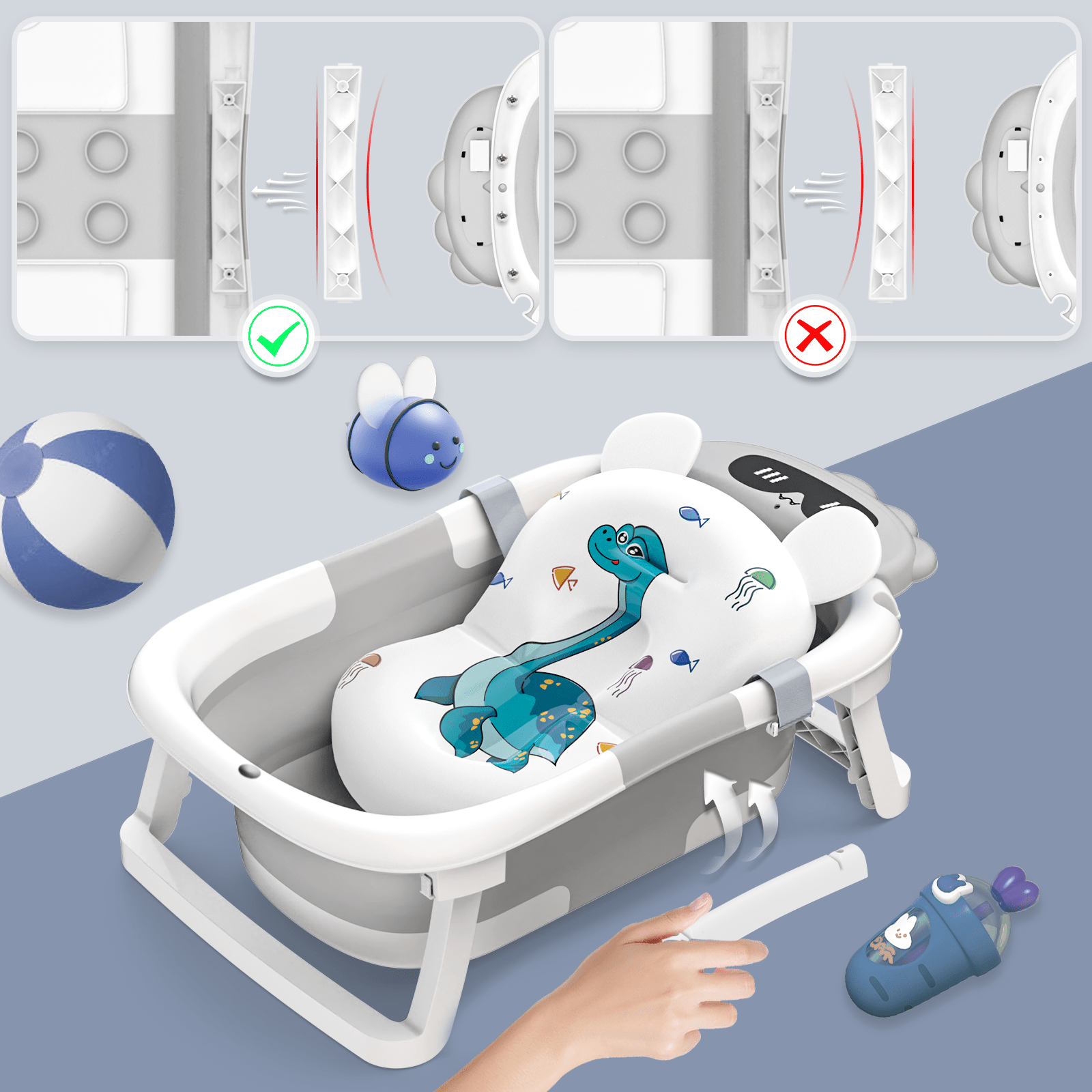 Foldable Baby Bath Tub - Portable with Non-Slip Cushion (0-24 Months) JUST FIT IN