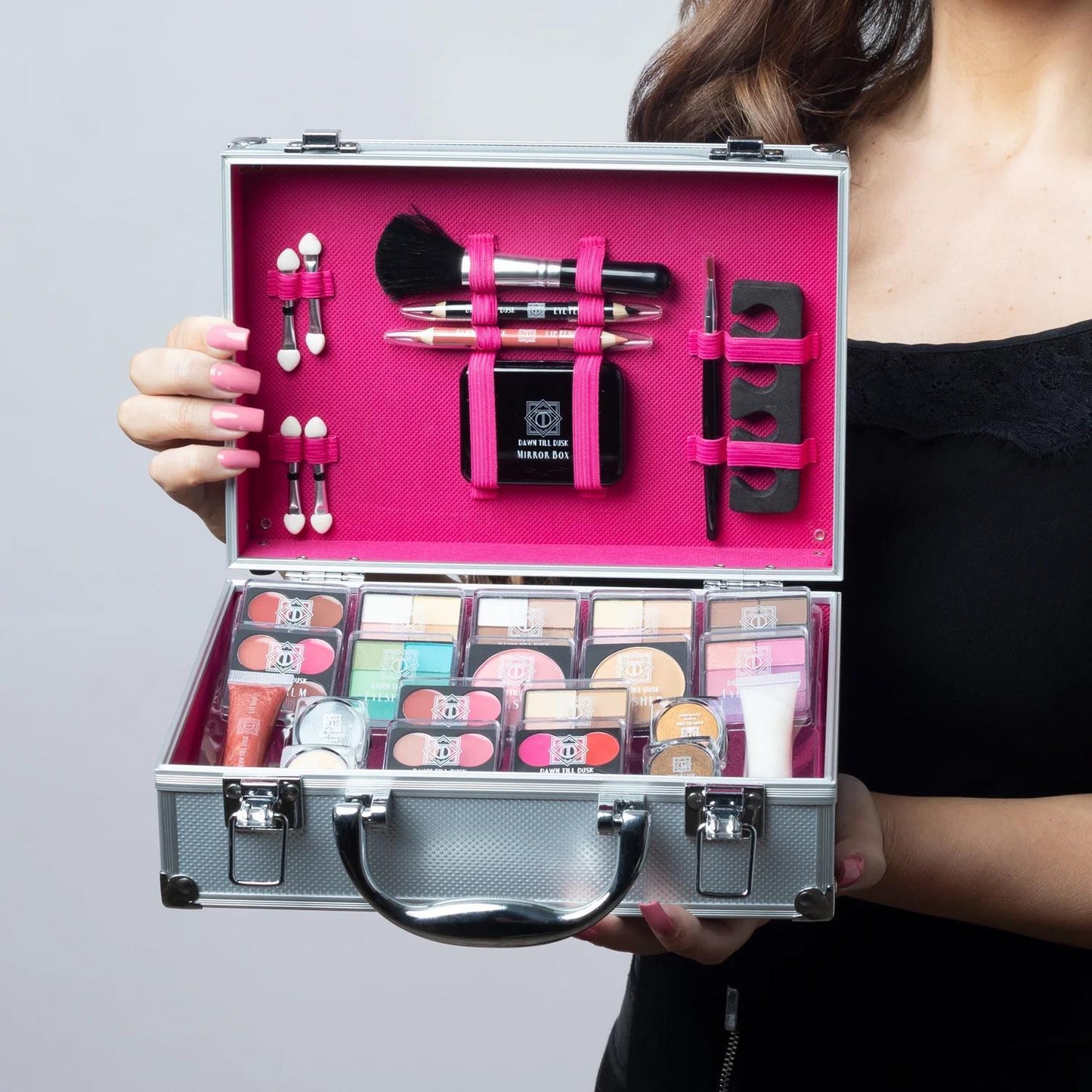 Dawn Till Dusk 80-Piece Makeup Storage Box - Silver Cosmetic Organizer by Envie JUST FIT IN