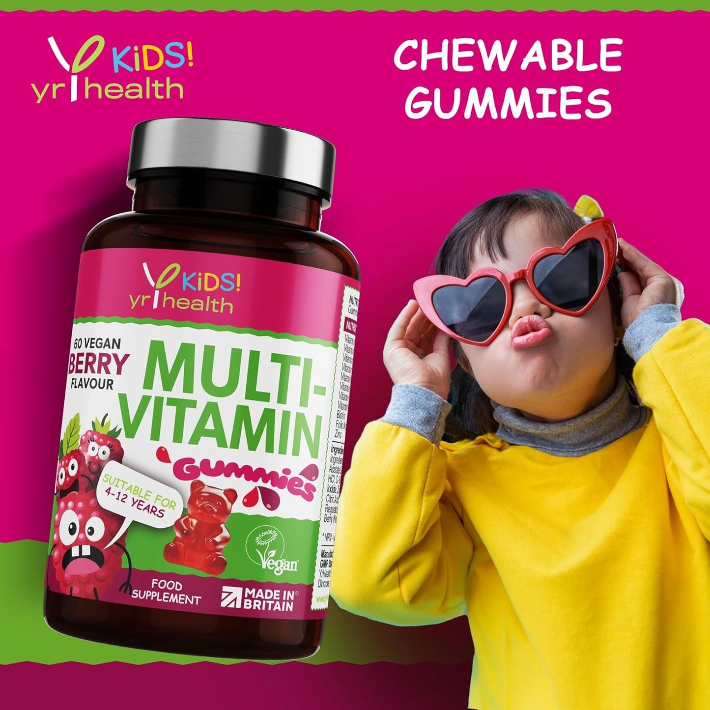 YrHealth Kids Multivitamin Gummies - 60 Vegan Berry Chewables for Ages 4-12 (2 Month Supply) JUST FIT IN