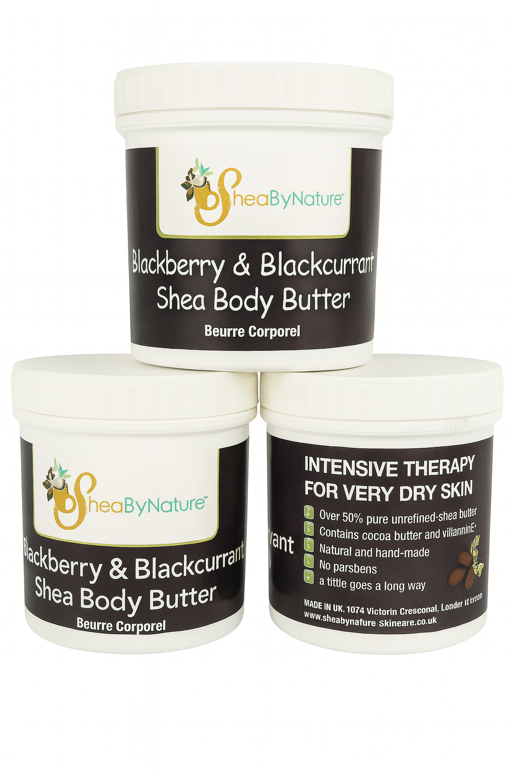 SheaByNature Blackberry & Black Currant Shea Body Butter – 250g.  It smells so delicious.250g  x 3 pots SheaByNature