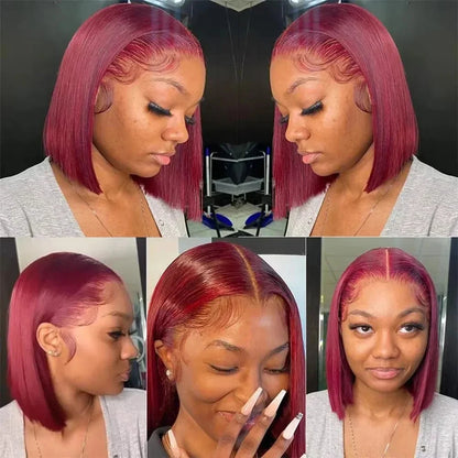 99J Burgundy Human Hair Wine Red Colored Short Bob Wigs 13x4 Straight Lace Frontal Human Hair For Women 13*4 Frontal Wig JUST FIT IN
