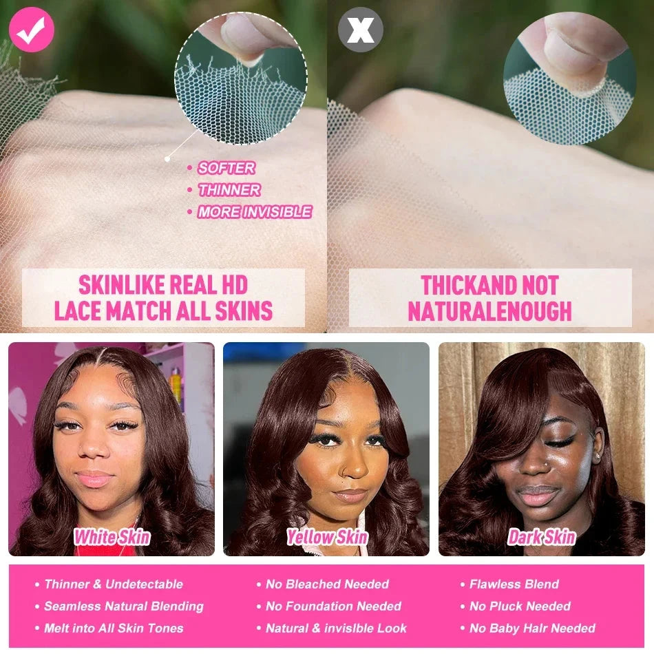 210% Density Human Hair Wigs Chocolate Brown Lace Front Wig Body Wave Wig 13x4 13x6 HD Lace Frontal Wig for Women JUST FIT IN