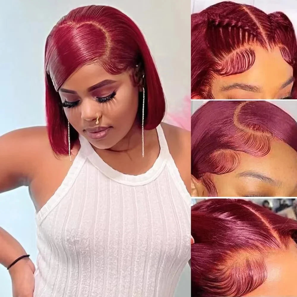 99J Burgundy Human Hair Wine Red Colored Short Bob Wigs 13x4 Straight Lace Frontal Human Hair For Women 13*4 Frontal Wig JUST FIT IN