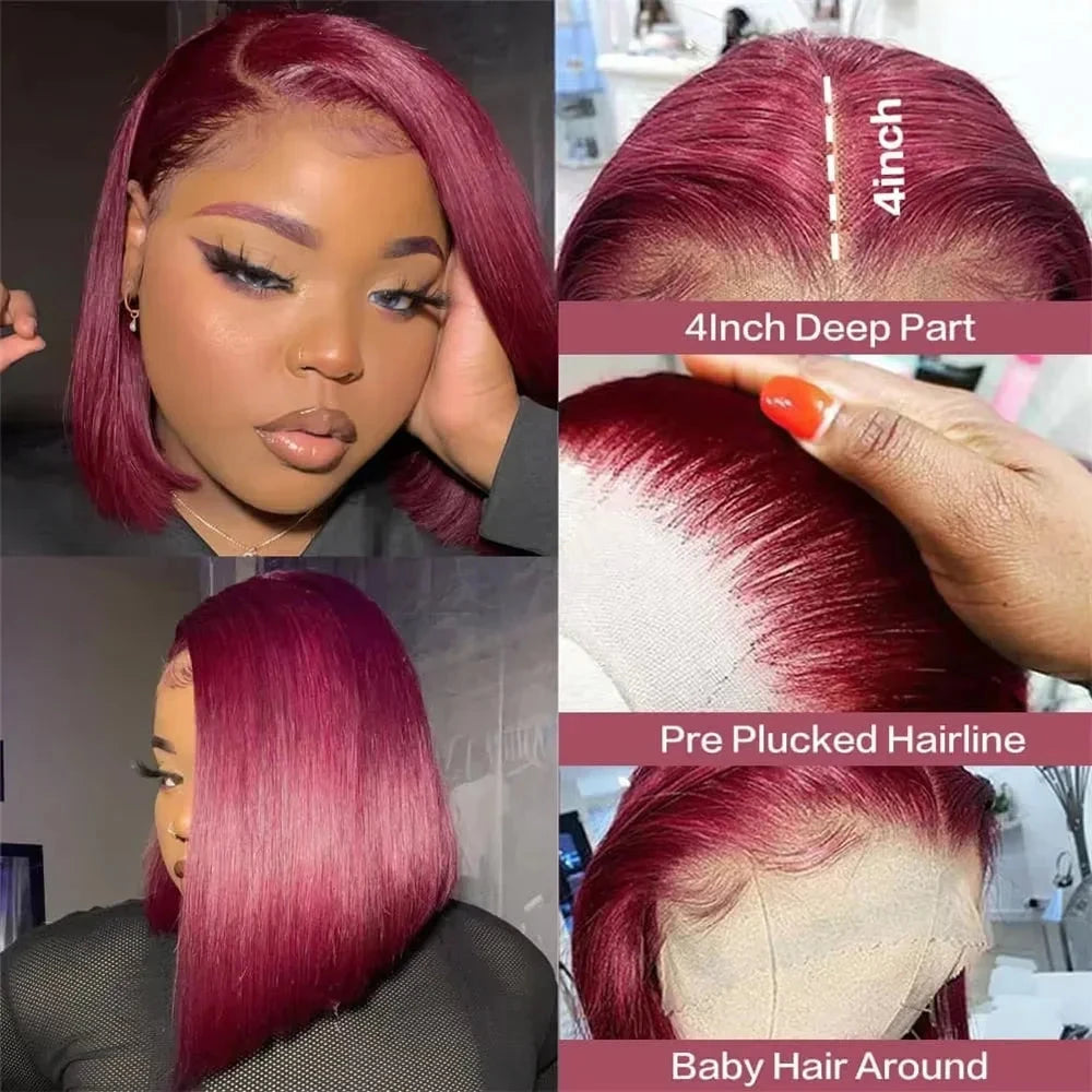 99J Burgundy Human Hair Wine Red Colored Short Bob Wigs 13x4 Straight Lace Frontal Human Hair For Women 13*4 Frontal Wig JUST FIT IN