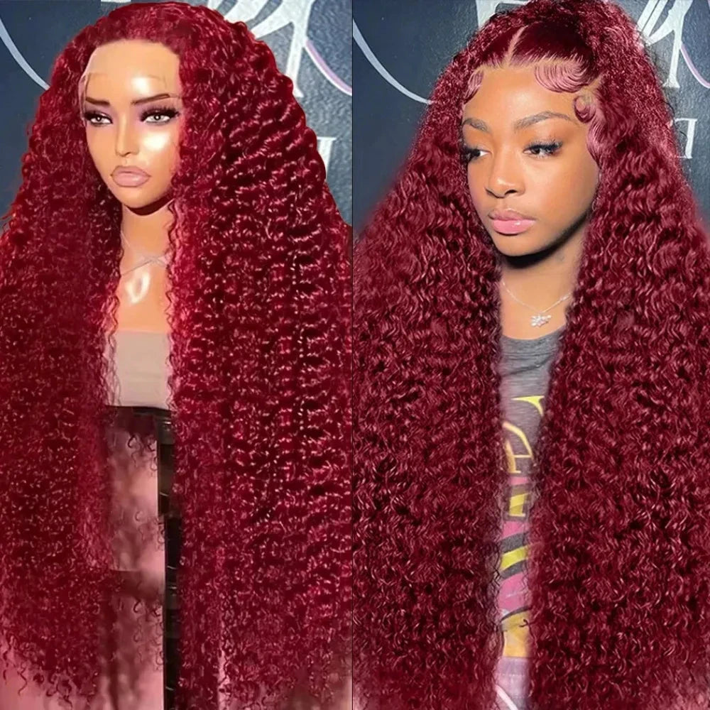 HD Transparent Lace 200 Density 13x4 13x6 Full Frontal Lace 99j Burgundy Preplucked Colored Deep Wave Frontal Human Hair Wig JUST FIT IN