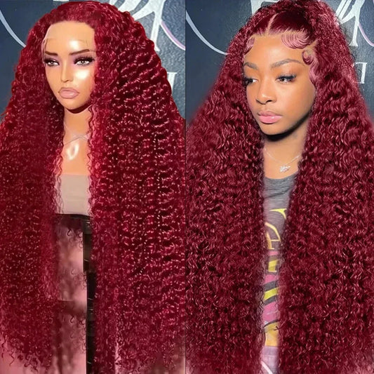 HD Transparent Lace 200 Density 13x4 13x6 Full Frontal Lace 99j Burgundy Preplucked Colored Deep Wave Frontal Human Hair Wig JUST FIT IN