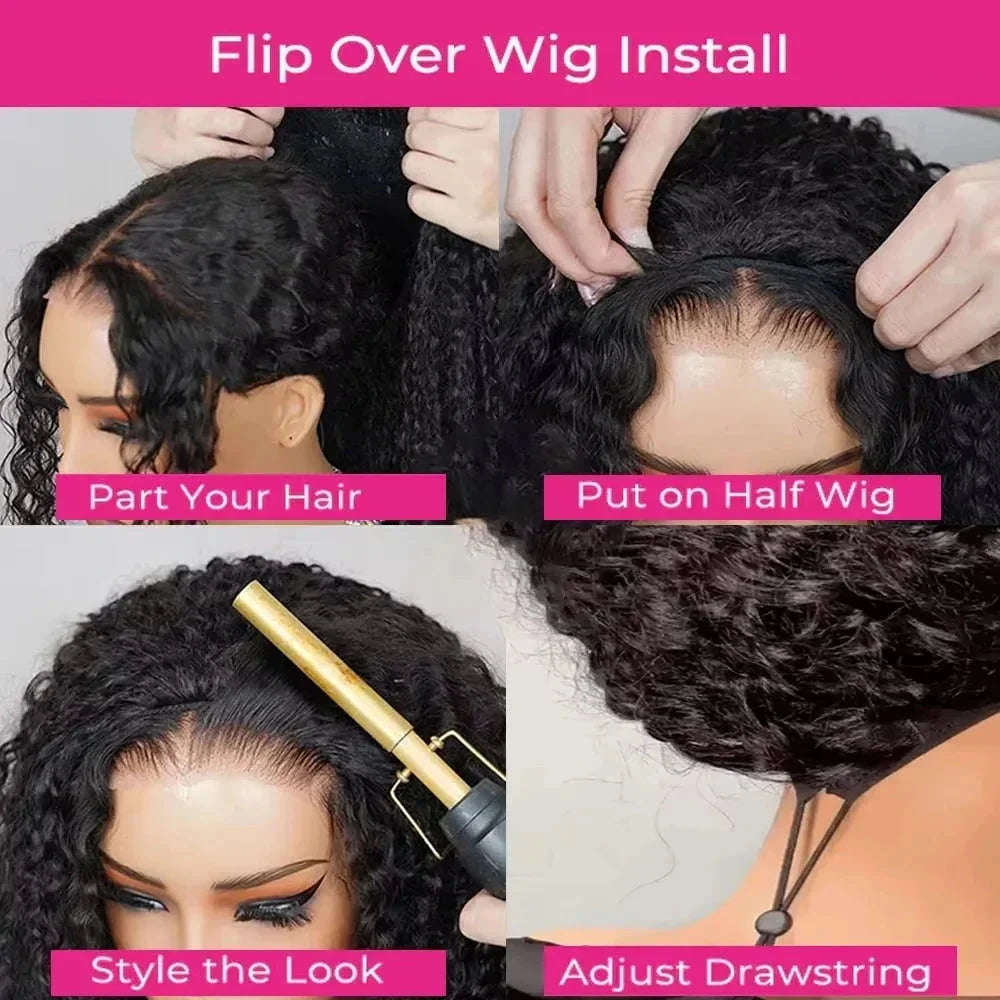 250% Glueless Wigs Human Hair Burmese Curly Headband Wig Upgrade 3 IN 1 Half Wig With Drawstring Seamless Clip Ins Flip Over JUST FIT IN