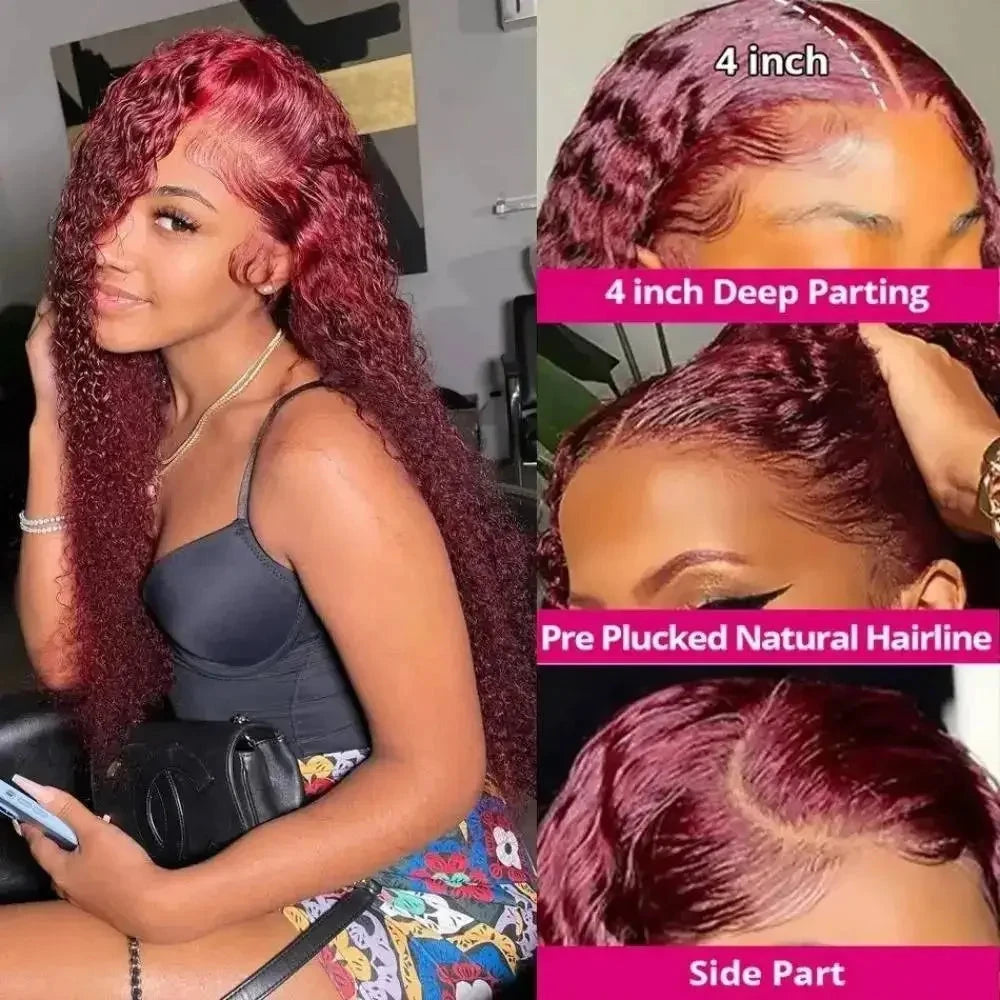 HD Transparent Lace 200 Density 13x4 13x6 Full Frontal Lace 99j Burgundy Preplucked Colored Deep Wave Frontal Human Hair Wig JUST FIT IN