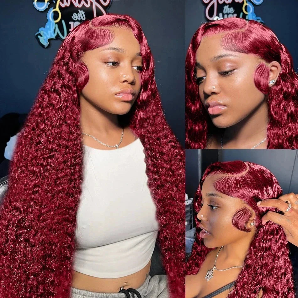 HD Transparent Lace 200 Density 13x4 13x6 Full Frontal Lace 99j Burgundy Preplucked Colored Deep Wave Frontal Human Hair Wig JUST FIT IN