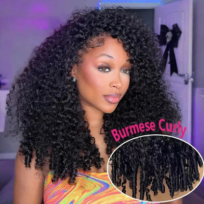 250% Glueless Wigs Human Hair Burmese Curly Headband Wig Upgrade 3 IN 1 Half Wig With Drawstring Seamless Clip Ins Flip Over JUST FIT IN
