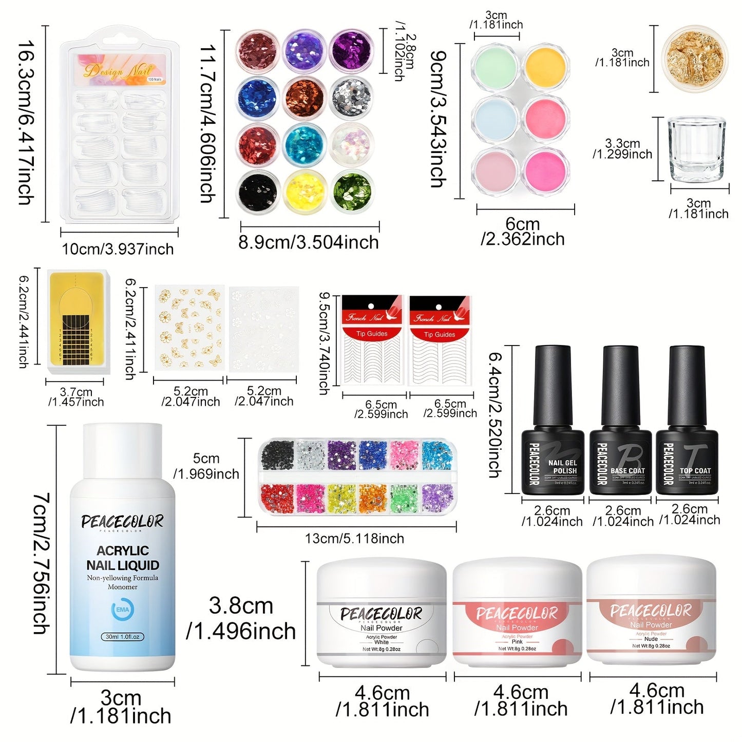 Peacecolor Complete DIY Acrylic Nail Kit - UV Lamp, 100+ Tips, Gel Polish & Art Stickers JUST FIT IN