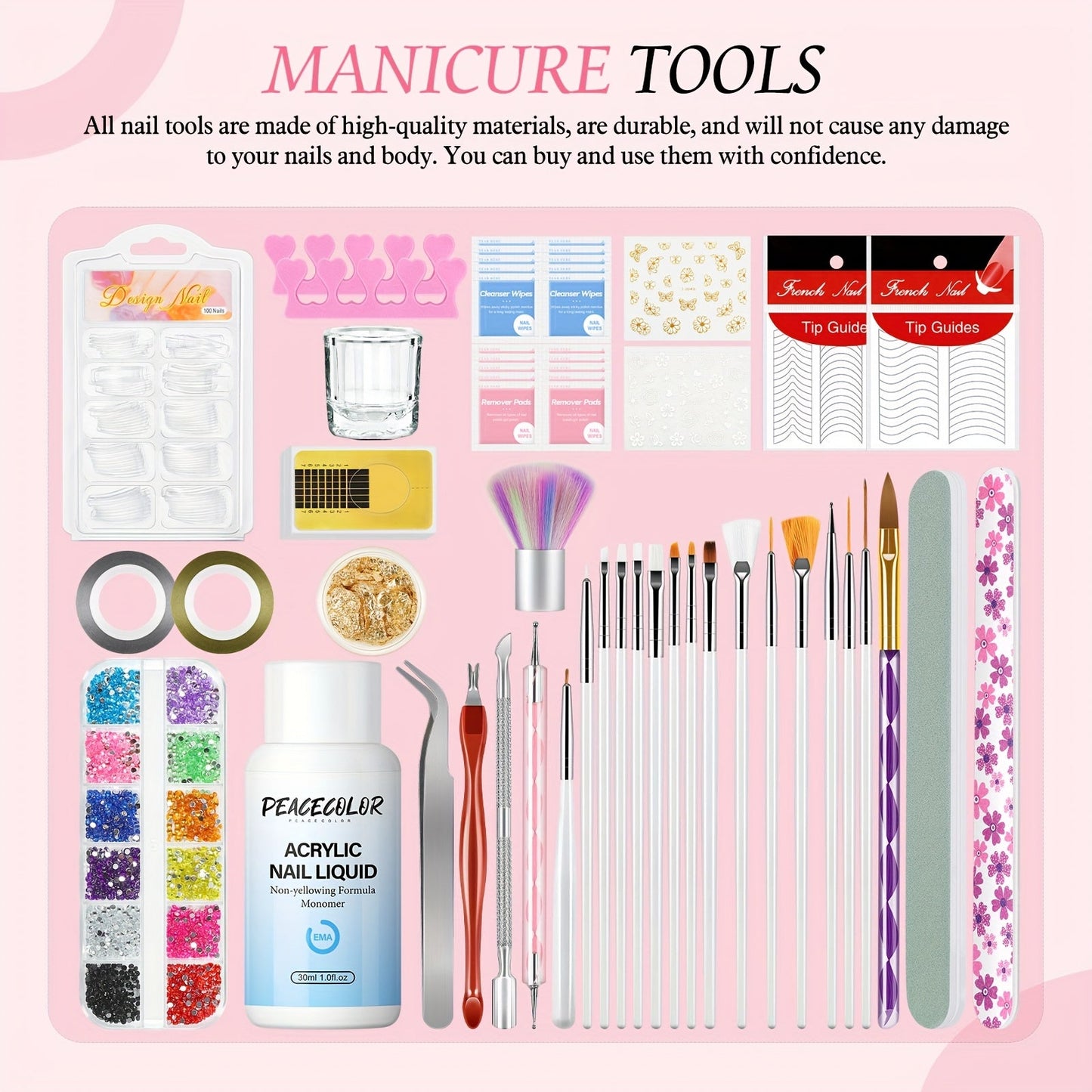 Peacecolor Complete DIY Acrylic Nail Kit - UV Lamp, 100+ Tips, Gel Polish & Art Stickers JUST FIT IN