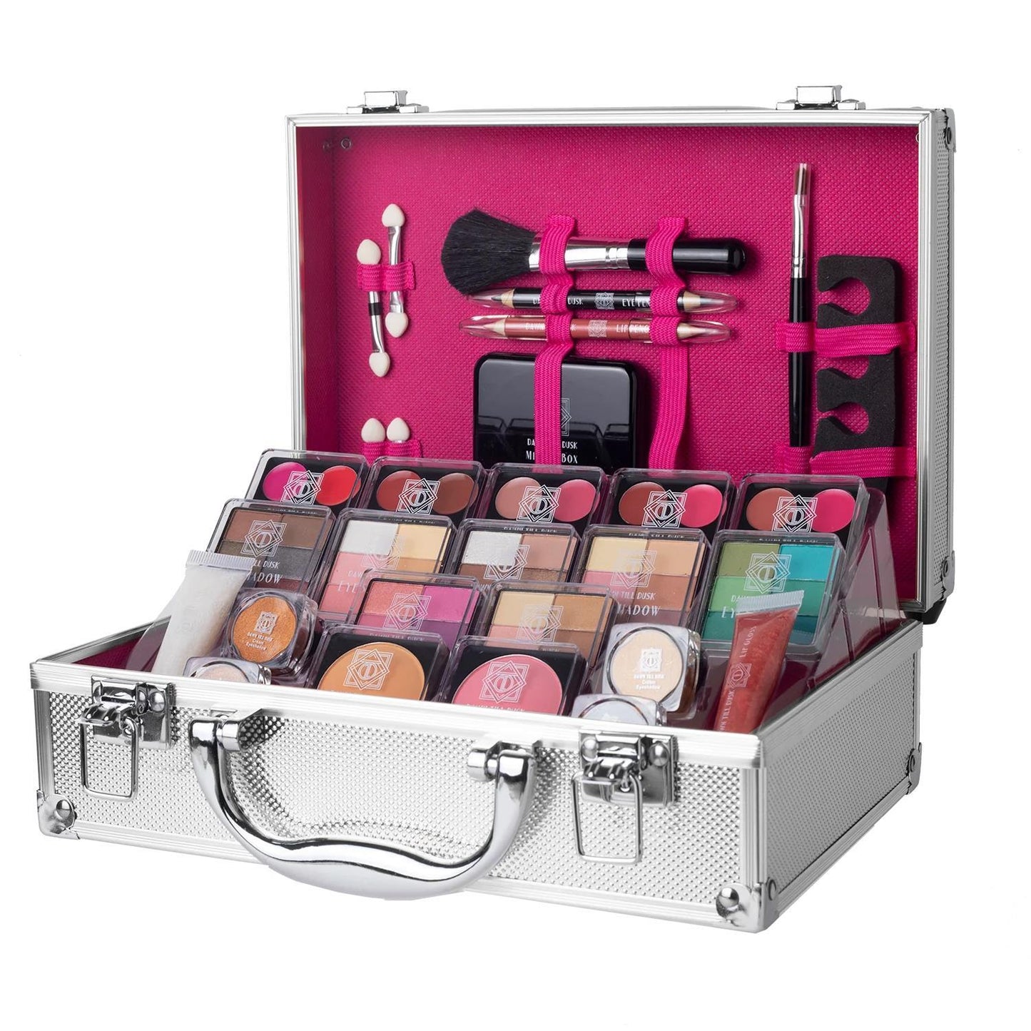 Dawn Till Dusk 80-Piece Makeup Storage Box - Silver Cosmetic Organizer by Envie JUST FIT IN