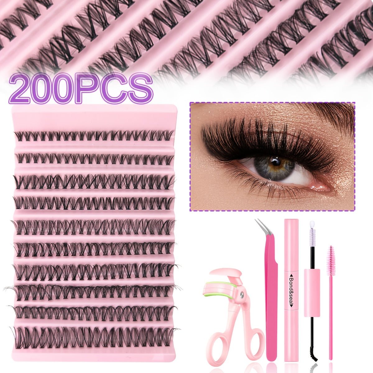 Eyelash Extensions Kit - 200/800pcs with Glue, Tweezers, Brush & Curler JUST FIT IN