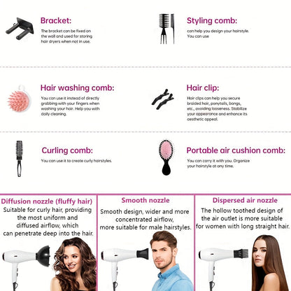 Morfone Professional Hair Dryer Set - 5-in-1 Styling Kit with Comb, Curling Iron & Nozzle JUST FIT IN