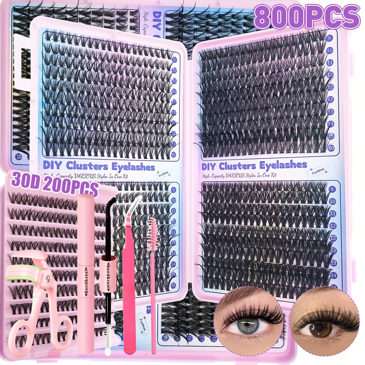 Eyelash Extensions Kit - 200/800pcs with Glue, Tweezers, Brush & Curler JUST FIT IN
