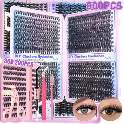 Eyelash Extensions Kit - 200/800pcs with Glue, Tweezers, Brush & Curler JUST FIT IN