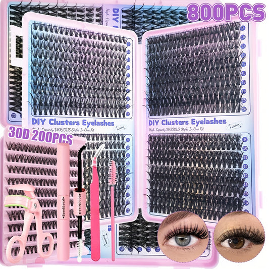Eyelash Extensions Kit - 200/800pcs with Glue, Tweezers, Brush & Curler JUST FIT IN